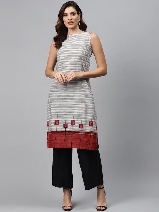 Biba - Women Off-White & Charcoal Grey Striped Straight Kurta