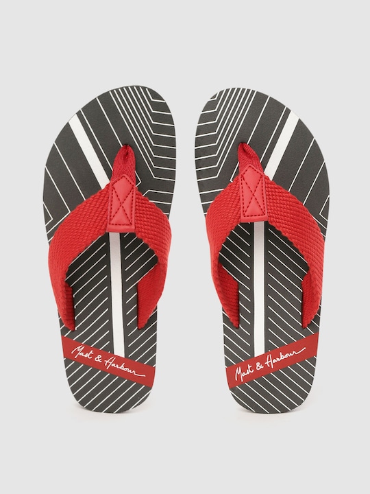 Mast & Harbour - Men Red & Charcoal Grey Printed Thong Flip-Flops