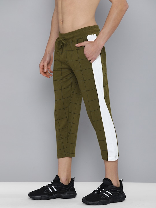 HERE&NOW - Men Olive Green & Black Checked Slim Fit Cropped Track Pants