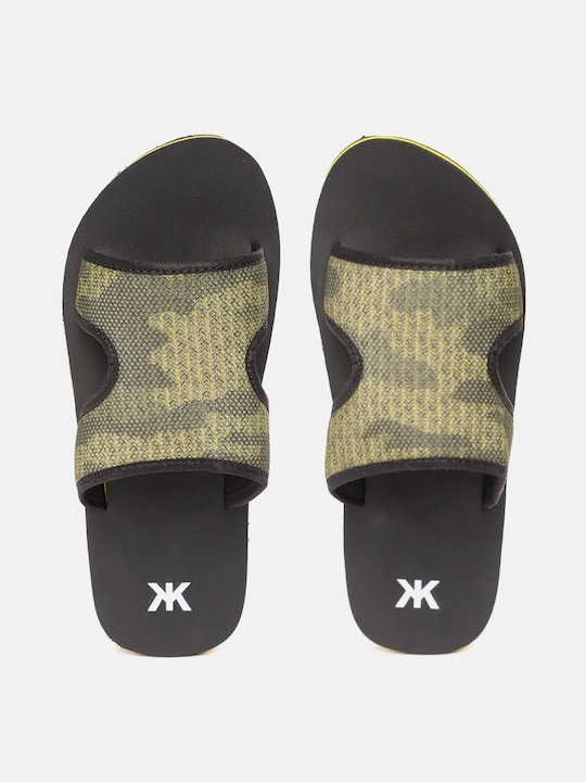 Kook N Keech - Men Olive Green & Yellow Printed Sliders with Cut Out Detail