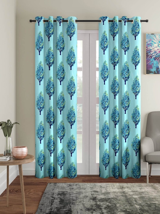 Cortina - Turquoise Blue Set of 2 Floral Printed Door Curtains