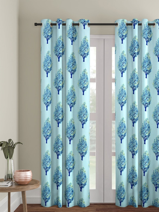 Cortina - Single Light Blue Floral Printed Polyester Long Door Curtain