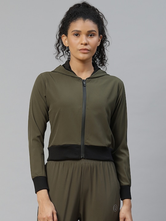 CHKOKKO - Chkokko Women Olive Green Solid Hooded Crop Sporty Jacket