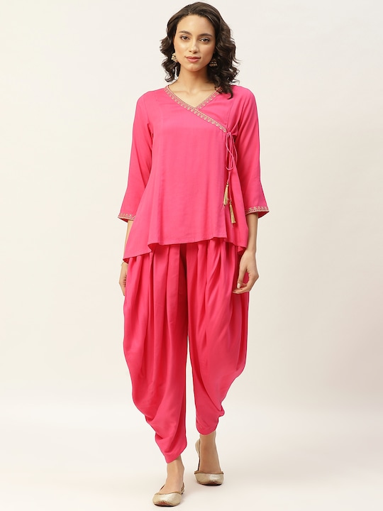 Shae by SASSAFRAS - Women Pink Solid Angrakha Top with Dhoti Pants