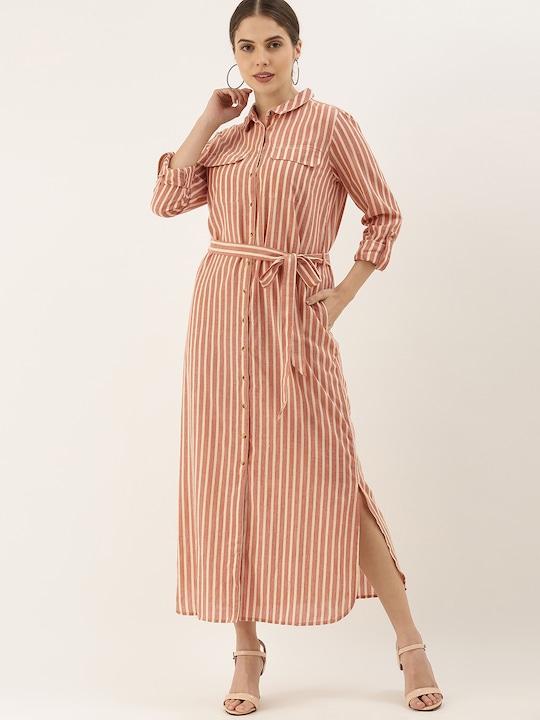 Chemistry - Brown & Off White Striped Shirt Midi Dress