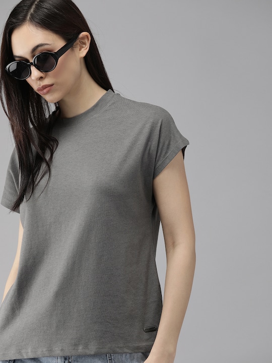 Roadster - The Lifestyle Co Women Charcoal Grey Extended Sleeves Pure Cotton T-shirt