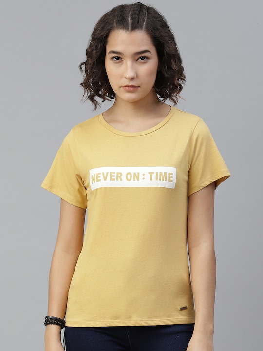 Roadster - Women Yellow & White Printed Pure Cotton Round Neck T-shirt