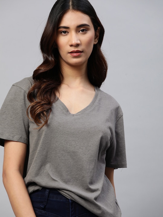 Roadster - The Lifestyle Co Women Grey Solid Pure Cotton V-Neck Extended Sleeves T-shirt