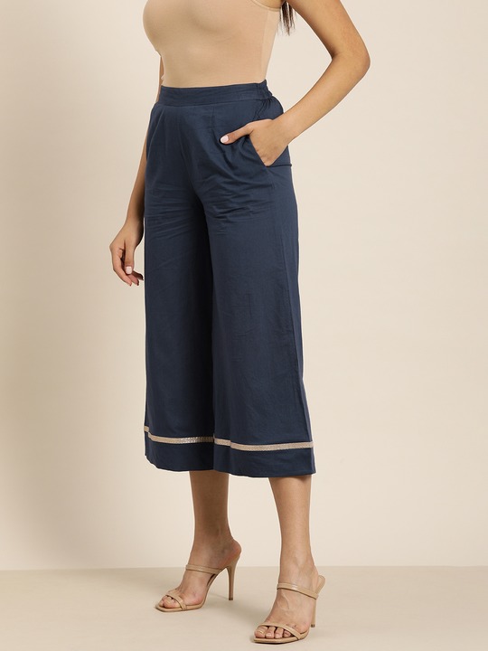 Sangria - Women Navy Blue Flared Cropped Ethnic Palazzos