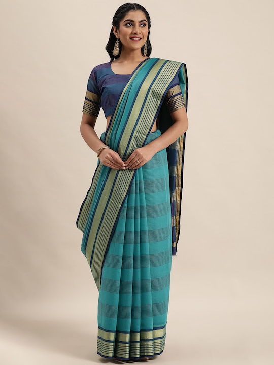 LADUSAA - Sea Green & Navy Blue Striped Saree
