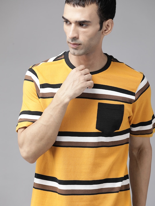 Roadster - Men Mustard Yellow  Black Striped Pure Cotton T-shirt