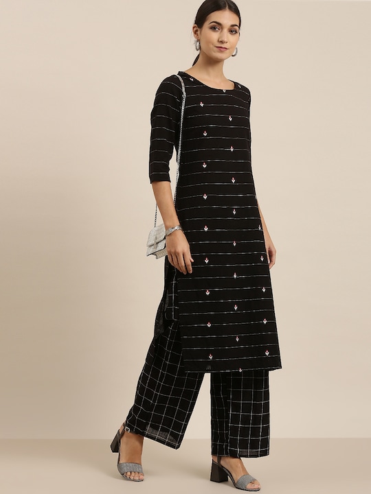 Vishudh - Women Black & White Striped Cotton Kurta with Palazzos