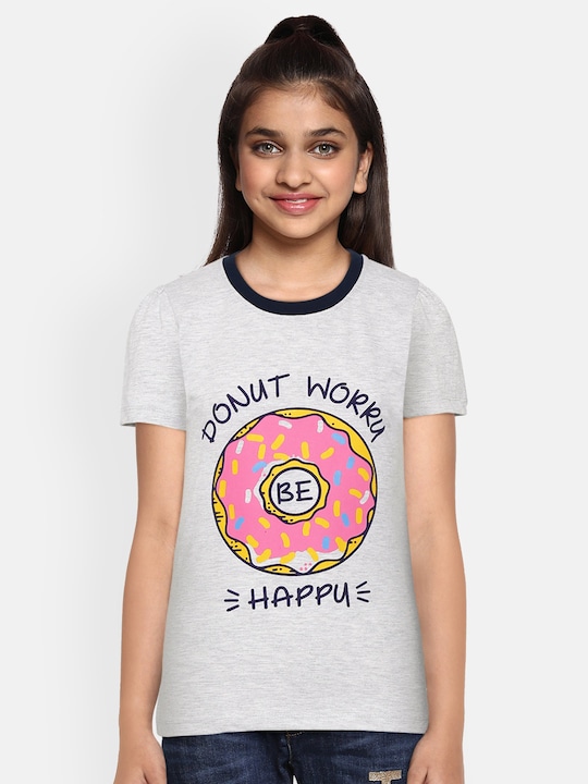 YK - Girls Grey Melange & Pink Puff Sleeve Typography & Donut Print Regular Top