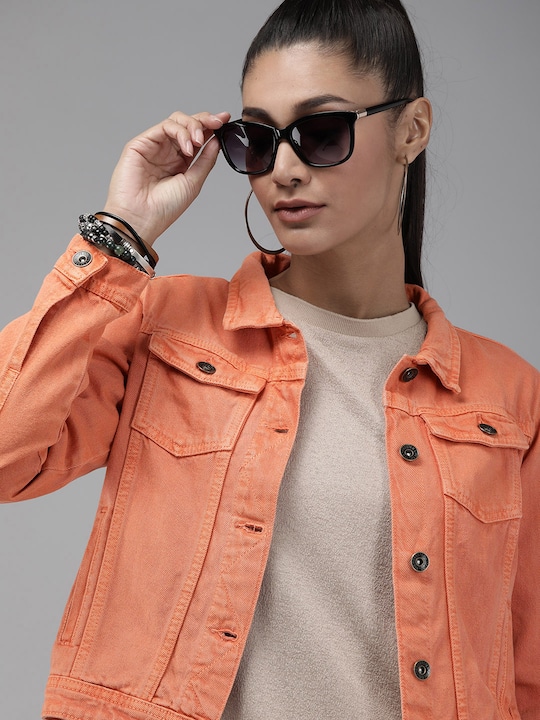 Roadster - Women Coral Orange Solid Denim Jacket