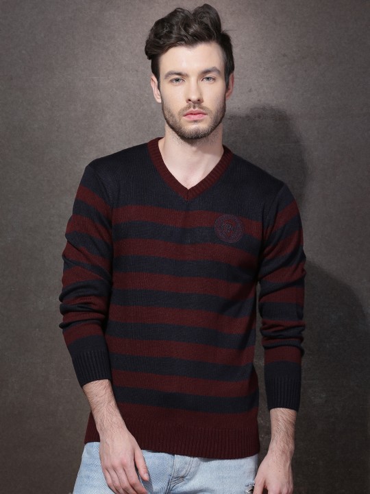 Roadster - Men Maroon & Navy Striped Sweater