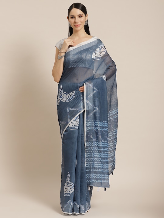 Mitera - Blue & White Ethnic Motifs Printed Indigo Saree