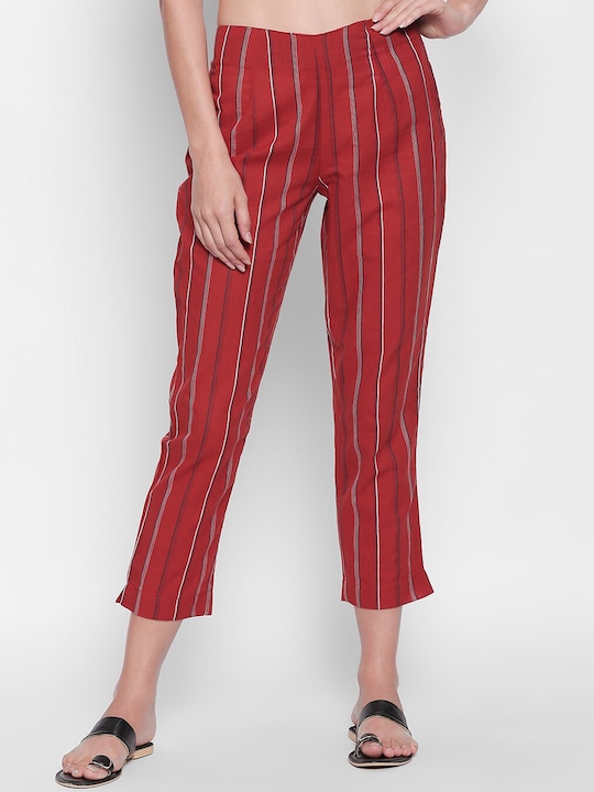 RANGMANCH BY PANTALOONS - Women Red Slim Fit Striped Cotton Cigarette Trousers