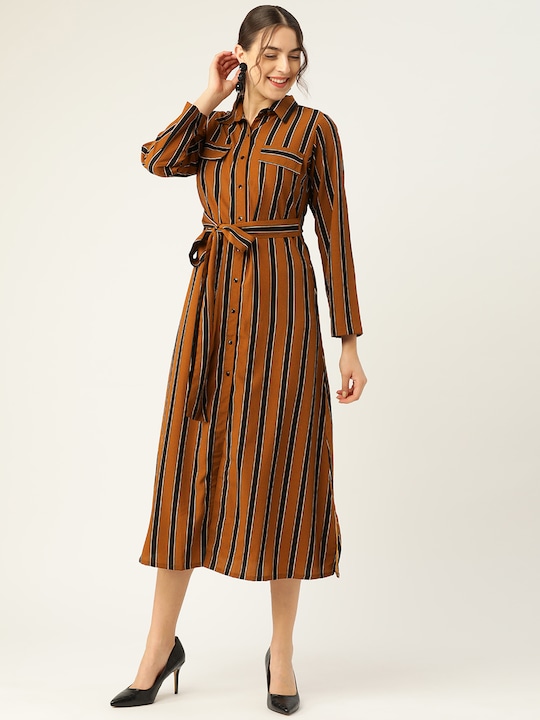 plusS - Appealing Brown and Navy Blue Striped Midi Shirt Dress