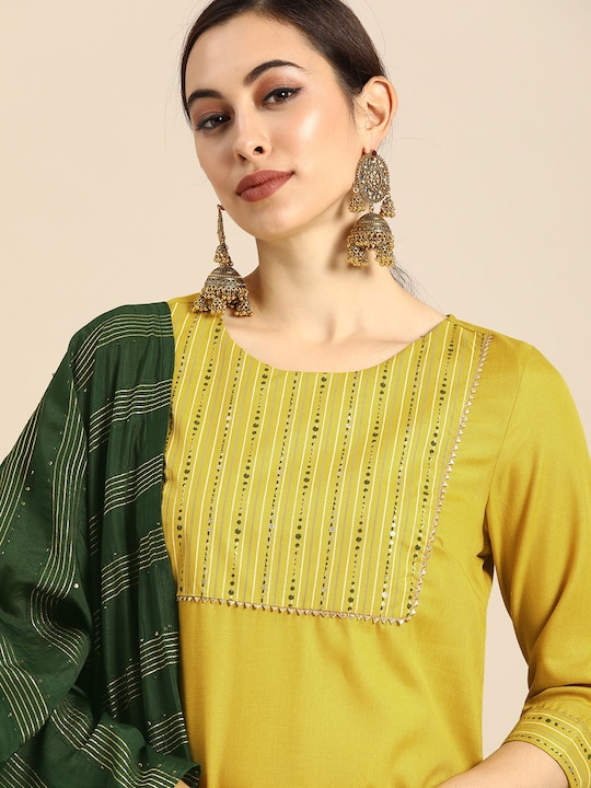 Anouk - Women Mustard Yellow Yoke Design Foil Printed Kurta with Trousers & Dupatta