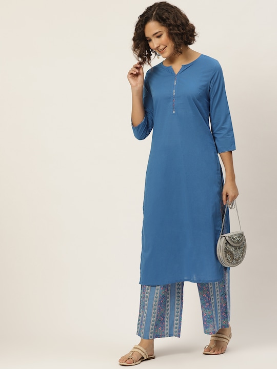 Anouk - Women Blue & Cream-Coloured Straight Pure Cotton Kurta with Palazzos