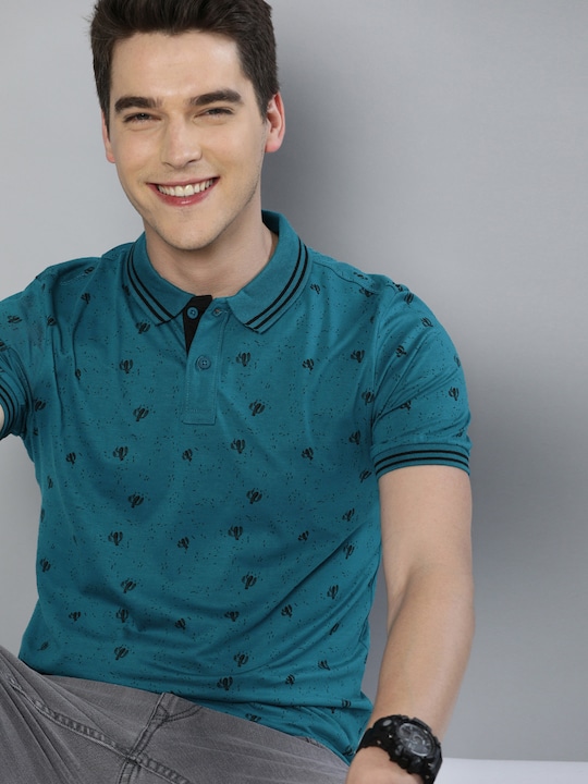 HERE&NOW - HERENOW Men Teal Blue  Black Conversational Printed Polo Collar Pure Cotton T-shirt
