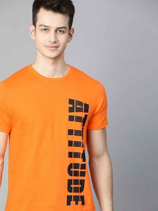 HERE&NOW - HERENOW Men Orange  Black Typography Printed Pure Cotton T-shirt