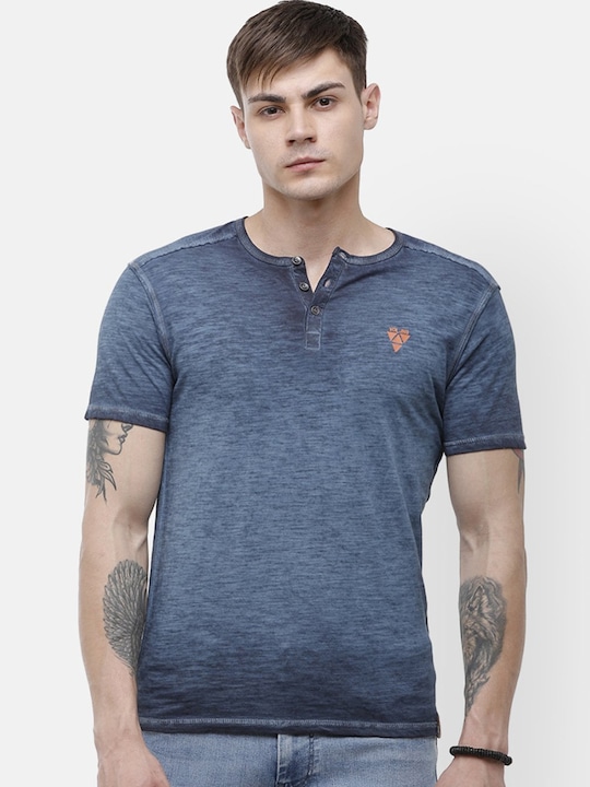 Voi Jeans - Men Navy Blue Solid Henley Neck Cotton Pure Cotton T-shirt