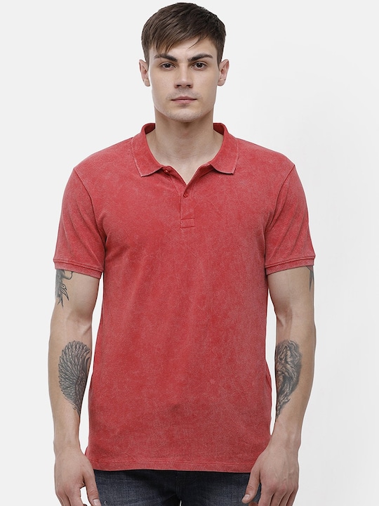 Voi Jeans - Men Red Solid Polo Collar Cotton Pure Cotton T-shirt
