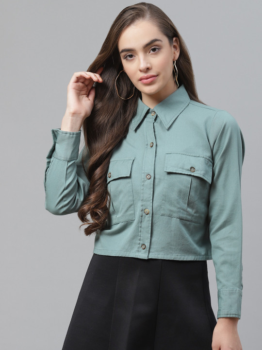 plusS - Women Green Pure Cotton Solid Tailored Jacket