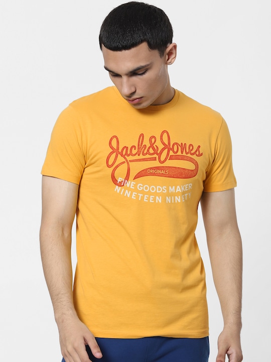 Jack & Jones - Jack  Jones Men Mustard Yellow Printed Round Neck Pure Cotton T-shirt