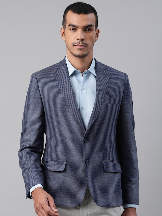 Marks & Spencer - Men Navy Blue Checked Slim Fit Single-Breasted Formal Blazer