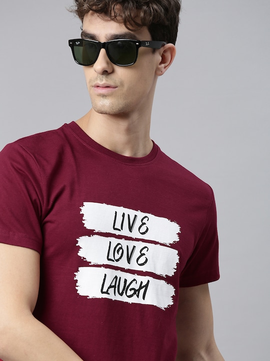 HERE&NOW - HERENOW Men Maroon Printed Round Neck Pure Cotton T-shirt