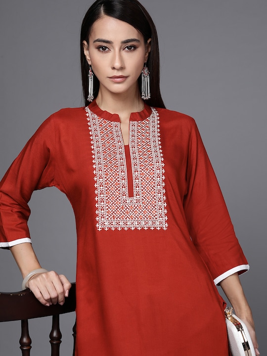 Libas - Women Rust & White Geometric Yoke Design Thread Work Kurta