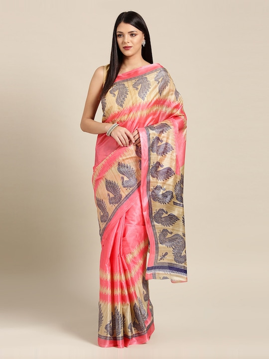 Chhabra 555 - Pink & Beige Poly Silk Printed Bhagalpuri Saree