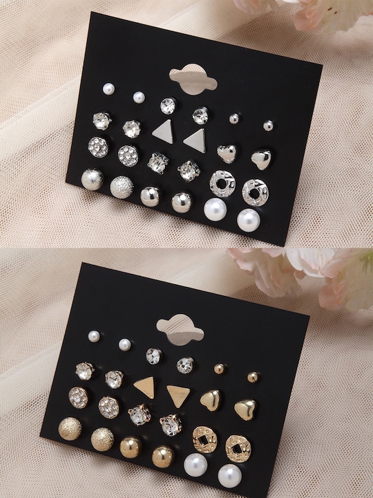 Shining Diva - Combo Set of 24 Silver & Gold Plated Stud Earrings