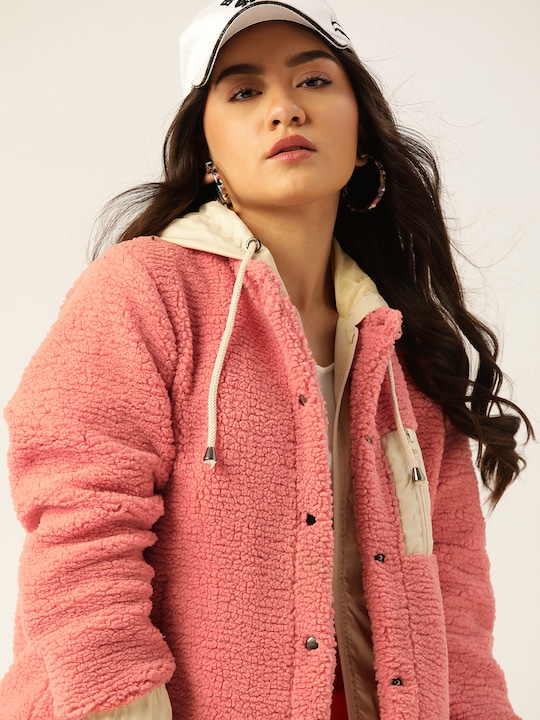DressBerry - Women Pink Solid Hooded Sherpa Jacket