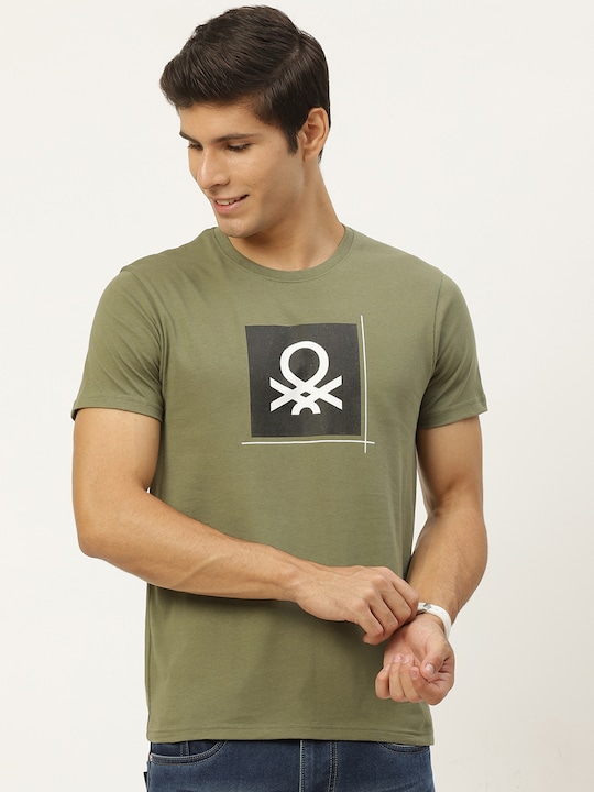 United Colors of Benetton - Men Olive Green Brand Logo Printed Pure Cotton T-shirt