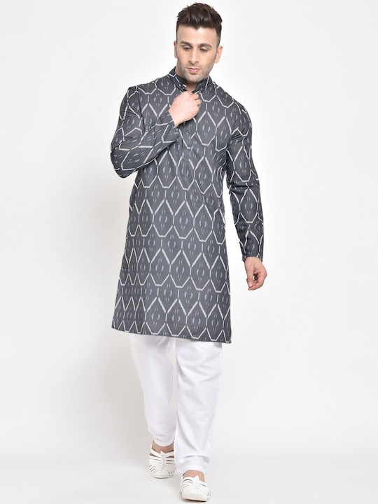 Hangup - Men Grey & Off White Geometric Printed Kurta