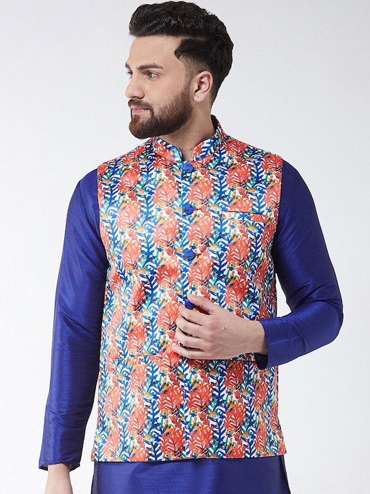 I Know - Men Blue & Orange Printed Nehru Jacket