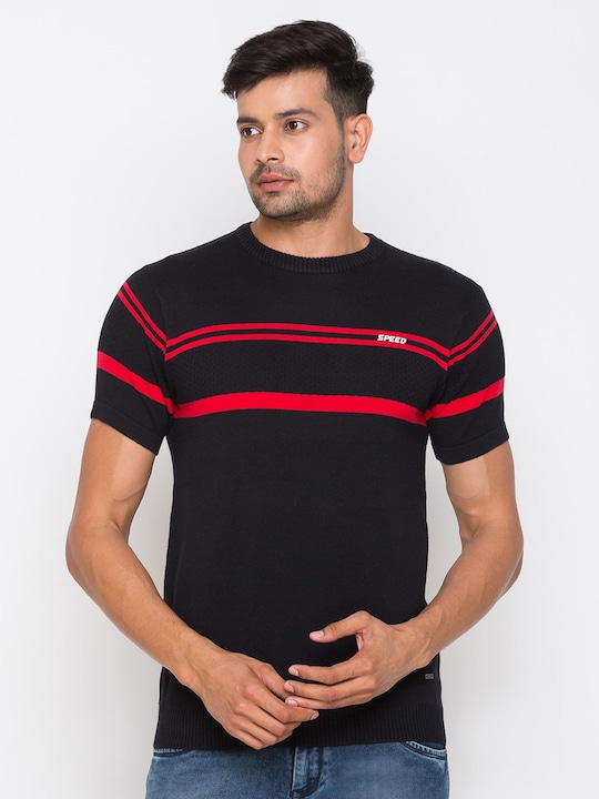 Globus - Men Black & Red Cotton Striped Round Neck T-shirt