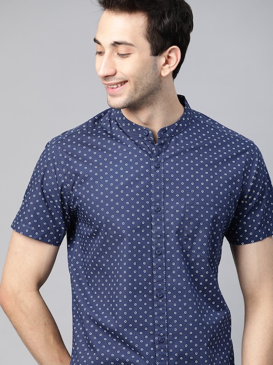 HERE&NOW - Men Navy Blue & Off-White Cotton Slim Fit Printed Casual Shirt