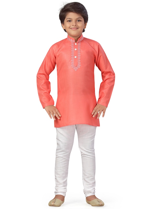 Aj DEZInES - Boys Peach-Coloured & White Pure Cotton Embroidered Kurta with Pyjamas