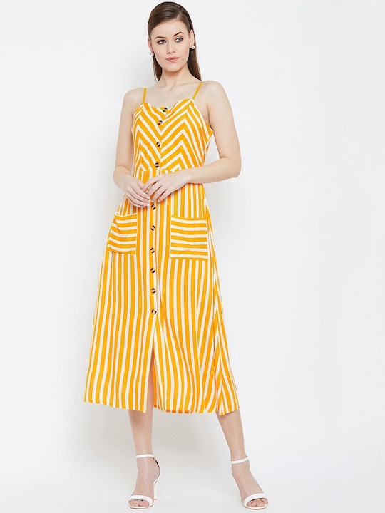 Berrylush - Yellow & White Striped Midi A-line Dress