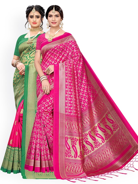 KALINI - Pack Of 2 Pink & Green Art Silk Woven Design Saree