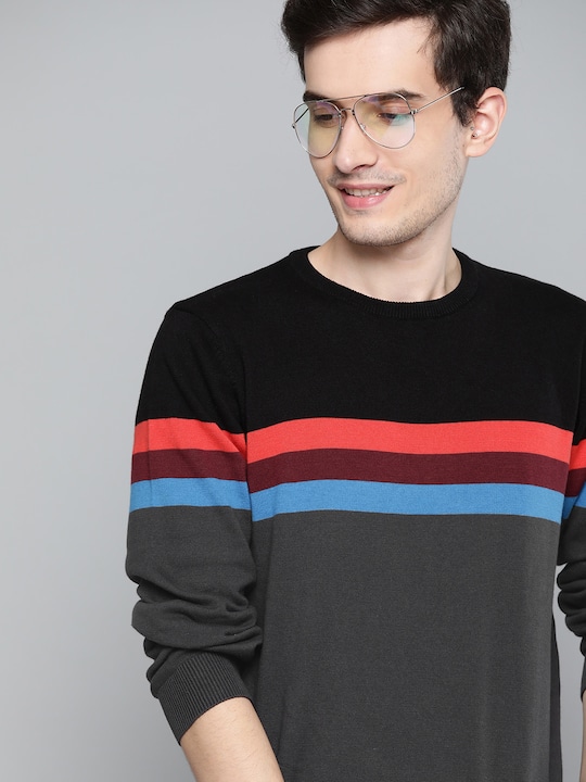 Mast & Harbour - Men Black & Charcoal Grey Colourblocked Pullover