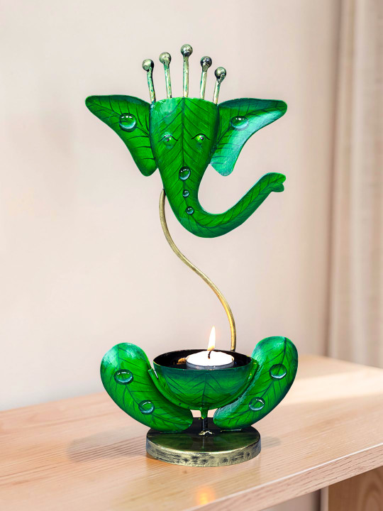 Golden Peacock - Ganesha Tea Light Candle Holder Green Iron Metallic Prayer Room Lights Medium Showpiece - 13 Inches