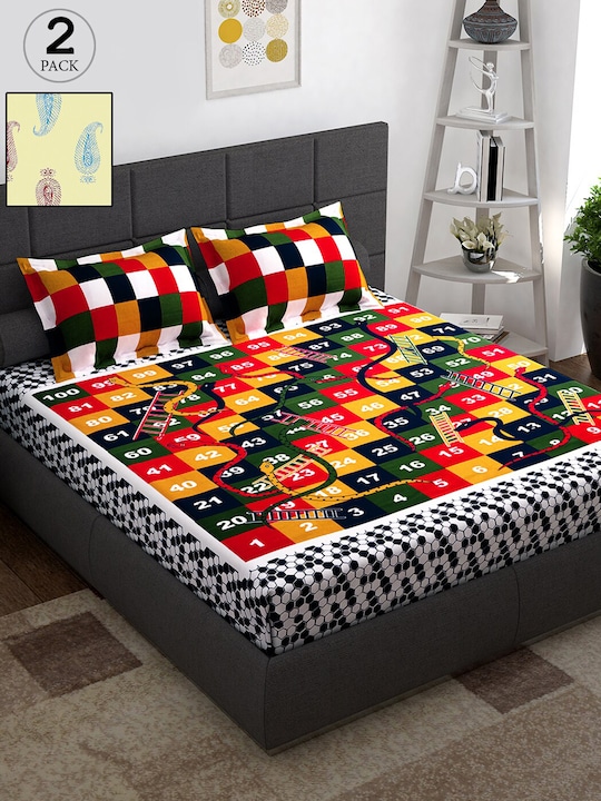 Story@home - Multicoloured & Navy Blue Graphic 152 TC Cotton 2 Queen Bedsheet with 4 Pillow Covers
