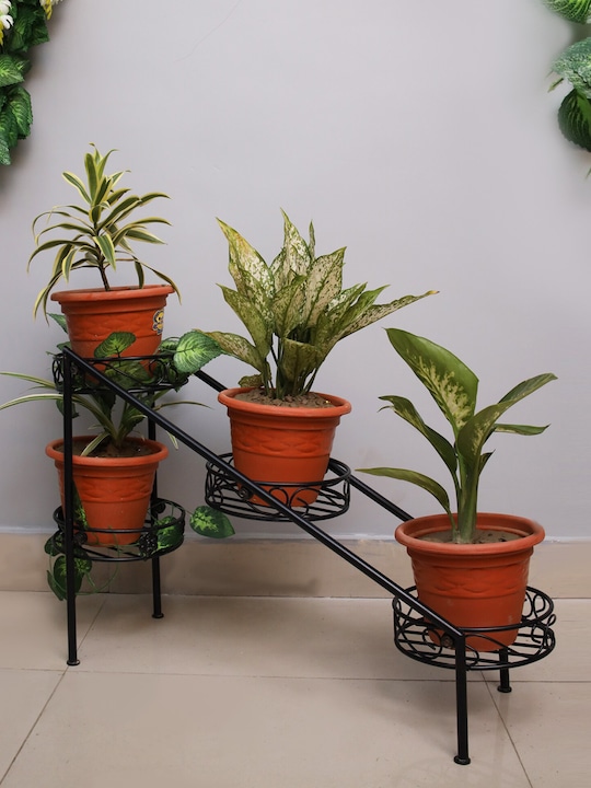 Homesake - Black Metal Ladder Plant Stand With 4 Tier Planter Rack Shelf