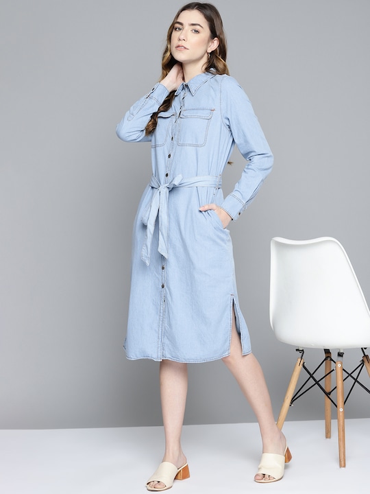 Chemistry - Blue Solid Denim Shirt Dress with Belt