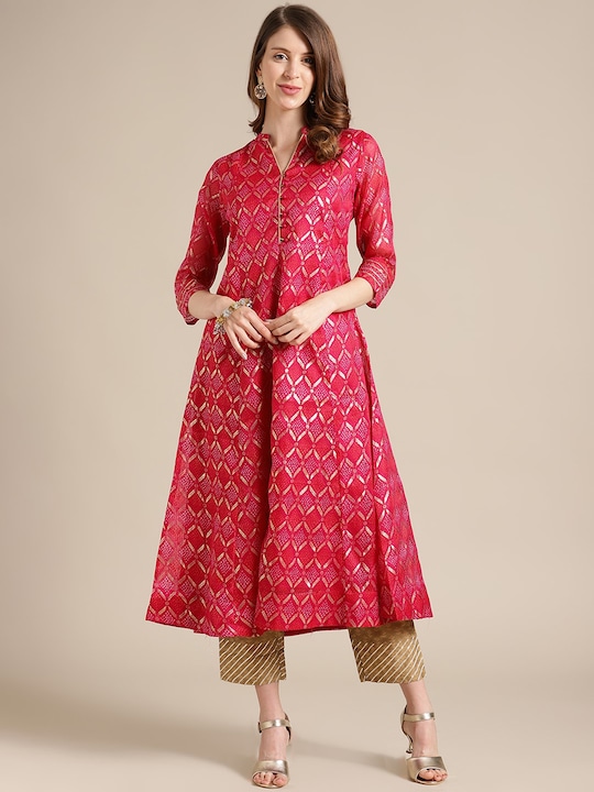 Varanga - Women Pink & Gold-Toned Ethnic Motifs Printed Anarkali Kurta